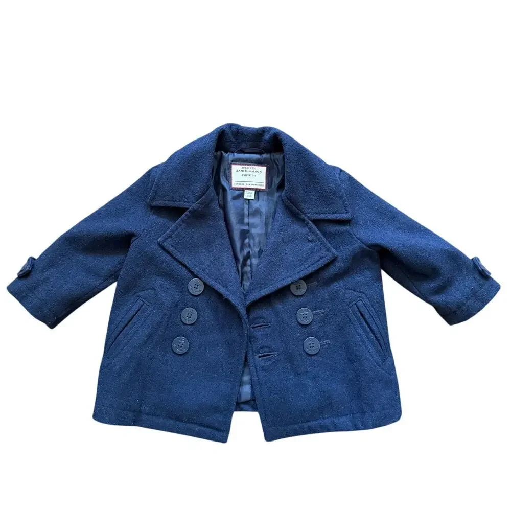 Janie & Jack Navy Wool Anchor Button Double Breasted Peacoat 6-12 M